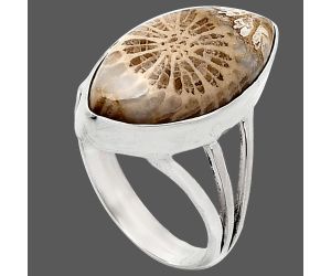 Flower Fossil Coral Ring size-7 EXR01743 R-1003, 10x19 mm