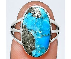 Kingman Turquoise With Pyrite Ring size-7 EXR01784 R-1003, 11x18 mm