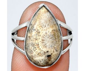 Flower Fossil Coral Ring size-7 EXR01809 R-1003, 11x18 mm