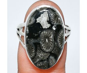 Black Flower Fossil Coral Ring size-8 EXR01845 R-1003, 13x21 mm