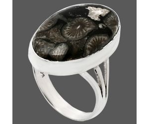 Black Flower Fossil Coral Ring size-8 EXR01845 R-1003, 13x21 mm