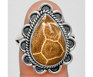 Flower Fossil Coral Ring size-10 EXR02143 R-1221, 12x17 mm