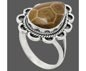 Flower Fossil Coral Ring size-10 EXR02143 R-1221, 12x17 mm