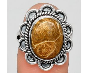 Flower Fossil Coral Ring size-7 EXR02150 R-1221, 11x14 mm