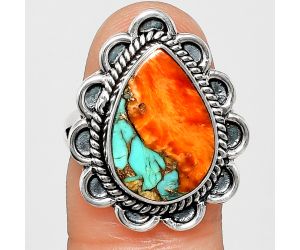 Kingman Orange Dahlia Turquoise Ring size-7 EXR02155 R-1221, 12x17 mm