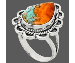 Kingman Orange Dahlia Turquoise Ring size-7 EXR02155 R-1221, 12x17 mm