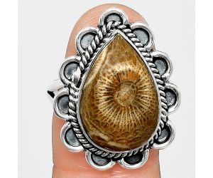 Flower Fossil Coral Ring size-9 EXR02158 R-1221, 12x18 mm