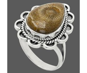 Flower Fossil Coral Ring size-9 EXR02158 R-1221, 12x18 mm