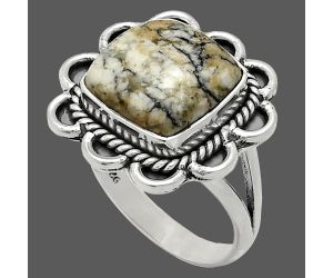 Authentic White Buffalo Turquoise Nevada Ring size-8 EXR02166 R-1221, 12x12 mm