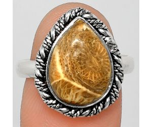 Flower Fossil Coral Ring size-9 EXR02354 R-1013, 10x14 mm