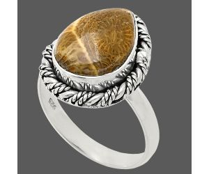 Flower Fossil Coral Ring size-9 EXR02354 R-1013, 10x14 mm