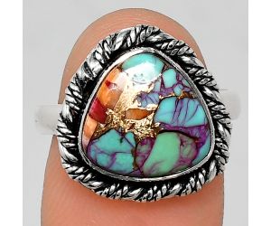 Kingman Orange Dahlia Turquoise Ring size-8 EXR02355 R-1013, 12x12 mm