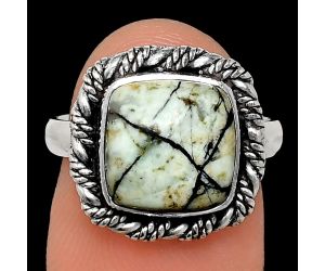 Authentic White Buffalo Turquoise Nevada Ring size-7 EXR02379 R-1013, 10x10 mm