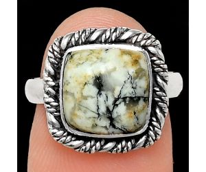 Authentic White Buffalo Turquoise Nevada Ring size-7 EXR02380 R-1013, 10x10 mm