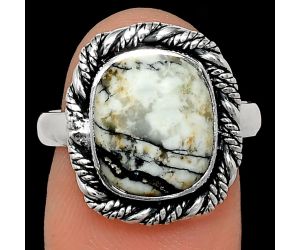 Authentic White Buffalo Turquoise Nevada Ring size-8 EXR02388 R-1013, 10x12 mm