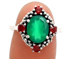 Green Onyx and Garnet Ring size-7 EXR03956 R-1017, 8x10 mm