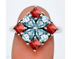 Sky Blue Topaz and Garnet Ring size-8 EXR04320 R-1021, 6x4 mm