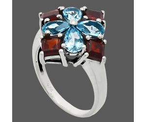 Sky Blue Topaz and Garnet Ring size-8 EXR04320 R-1021, 6x4 mm