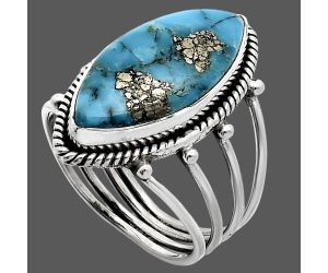 Kingman Turquoise With Pyrite Ring size-9.5 EXR04529 R-1010, 11x22 mm