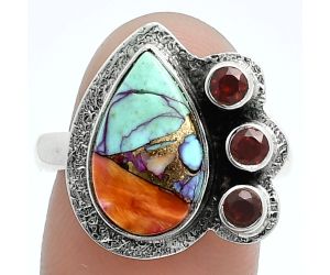 Kingman Orange Dahlia Turquoise and Garnet Ring size-9 EXR05648 R-1655, 9x14 mm