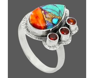 Kingman Orange Dahlia Turquoise and Garnet Ring size-9 EXR05648 R-1655, 9x14 mm