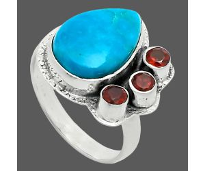 Natural Rare Turquoise Nevada Aztec Mt and Garnet Ring size-7 EXR05650 R-1655, 10x14 mm