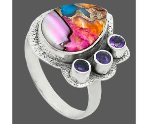 Kingman Pink Dahlia Turquoise and Amethyst Ring size-9 EXR05652 R-1655, 11x15 mm