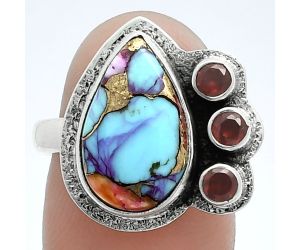 Kingman Orange Dahlia Turquoise and Garnet Ring size-9 EXR05656 R-1655, 10x15 mm