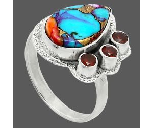 Kingman Orange Dahlia Turquoise and Garnet Ring size-9 EXR05656 R-1655, 10x15 mm