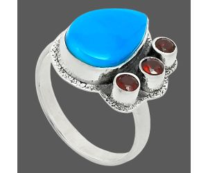 Sleeping Beauty Turquoise and Garnet Ring size-8 EXR05657 R-1655, 9x14 mm