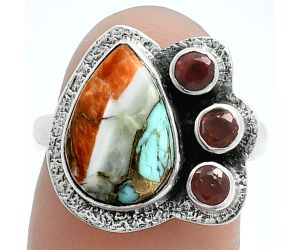 Spiny Oyster Turquoise and Garnet Ring size-7 EXR05661 R-1655, 9x13 mm