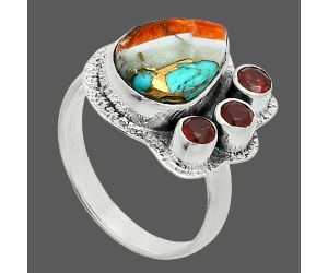 Spiny Oyster Turquoise and Garnet Ring size-7 EXR05661 R-1655, 9x13 mm