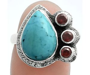 Natural Rare Turquoise Nevada Aztec Mt and Garnet Ring size-7 EXR05665 R-1655, 10x14 mm