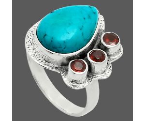 Natural Rare Turquoise Nevada Aztec Mt and Garnet Ring size-7 EXR05665 R-1655, 10x14 mm