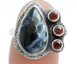 Pietersite and Garnet Ring size-9 EXR05667 R-1655, 10x16 mm