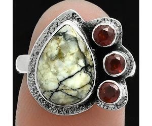 Authentic White Buffalo Turquoise Nevada and Garnet Ring size-7 EXR05675 R-1655, 9x13 mm