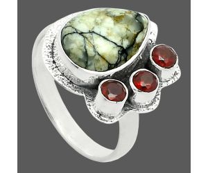 Authentic White Buffalo Turquoise Nevada and Garnet Ring size-7 EXR05675 R-1655, 9x13 mm