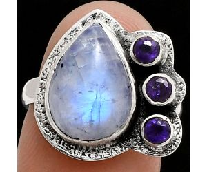 Rainbow Moonstone and Amethyst Ring size-7 EXR05687 R-1655, 10x14 mm