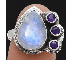 Rainbow Moonstone and Amethyst Ring size-9 EXR05690 R-1655, 10x14 mm