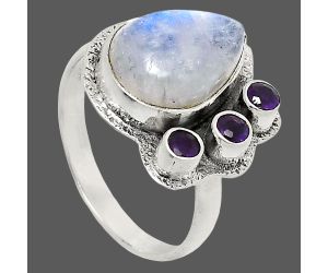 Rainbow Moonstone and Amethyst Ring size-9 EXR05690 R-1655, 10x14 mm