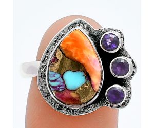 Kingman Orange Dahlia Turquoise and Amethyst Ring size-10 EXR05979 R-1655, 10x14 mm