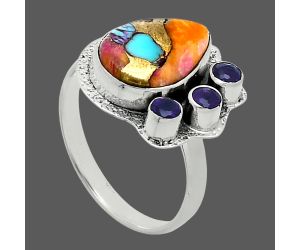 Kingman Orange Dahlia Turquoise and Amethyst Ring size-10 EXR05979 R-1655, 10x14 mm