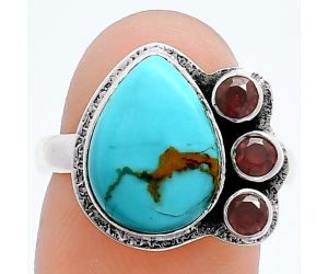 Natural Rare Turquoise Nevada Aztec Mt and Garnet Ring size-8 EXR05980 R-1655, 10x13 mm