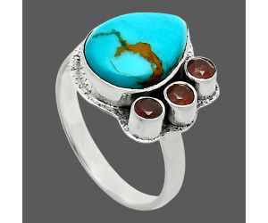 Natural Rare Turquoise Nevada Aztec Mt and Garnet Ring size-8 EXR05980 R-1655, 10x13 mm