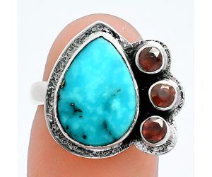 Natural Rare Turquoise Nevada Aztec Mt and Garnet Ring size-7 EXR05981 R-1655, 10x14 mm