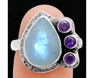 Rainbow Moonstone and Amethyst Ring size-9 EXR05984 R-1655, 10x14 mm