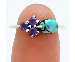 Lucky Charm Tibetan Turquoise and Amethyst Ring size-8.5 EXR06100 R-1250, 7x5 mm