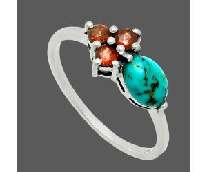 Natural Turquoise Morenci Mine and Garnet Ring size-8 EXR06101 R-1250, 7x5 mm