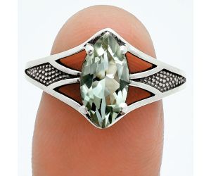 Prasiolite (Green Amethyst) Ring size-8.5 EXR06191 R-1727, 6x12 mm