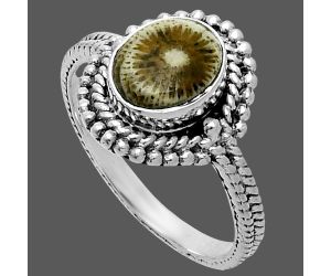 Flower Fossil Coral Ring size-8.5 EXR06293 R-1729, 7x9 mm